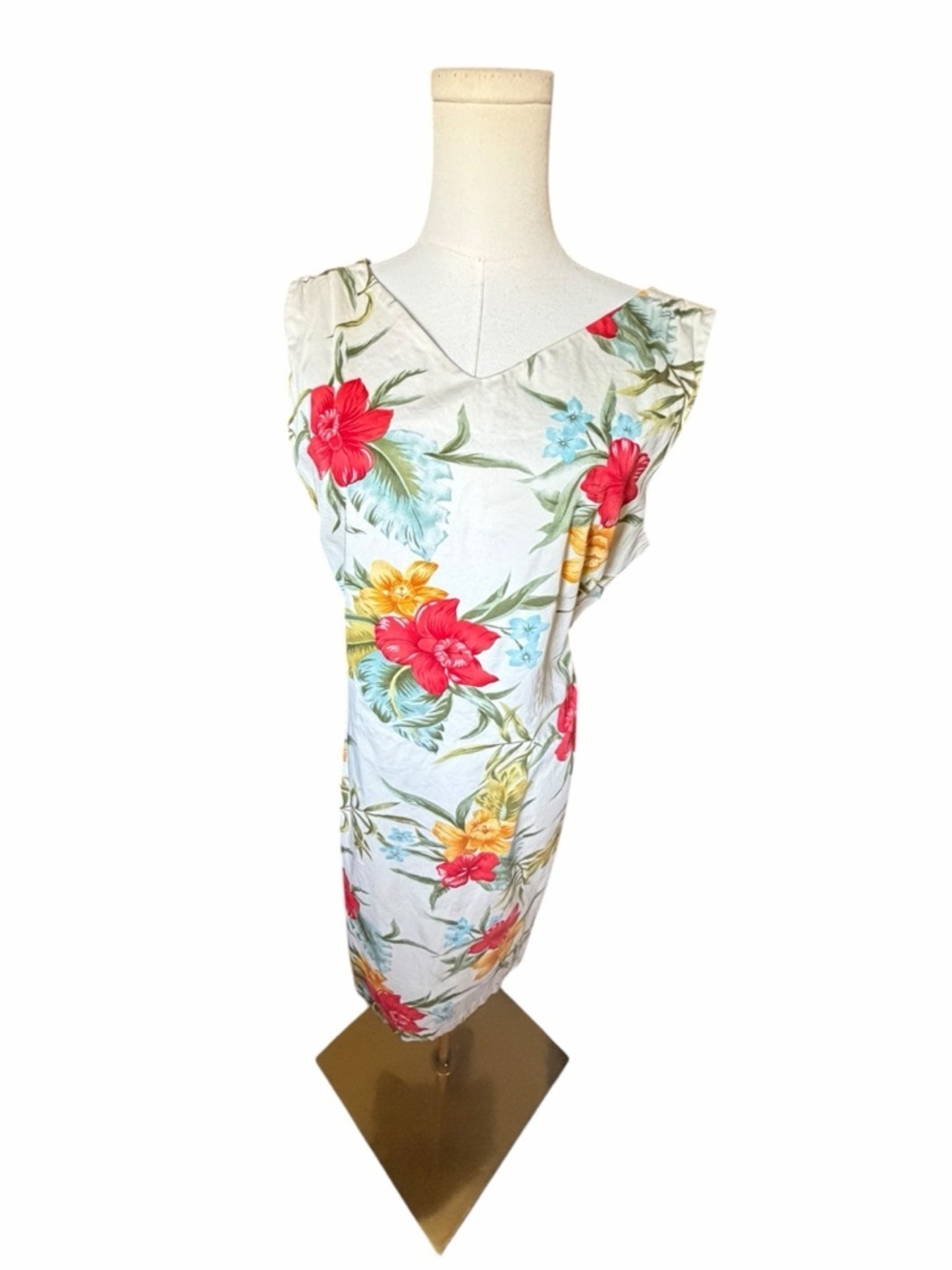 Caribbean Joe Cream Tropical Floral Sundress with Red & Yellow Blooms Sz XL